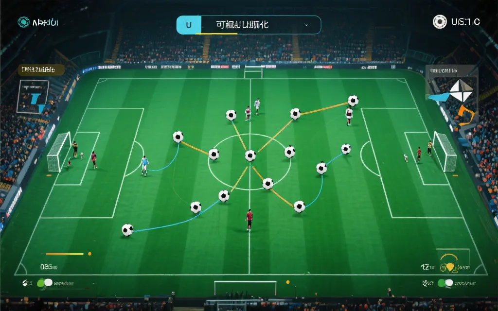 足球比赛的战术视角示意画面，显示阵型站位与传球线路的可视化