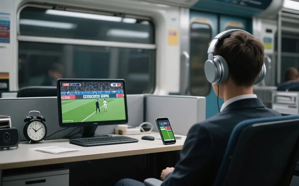 办公室与通勤途中安静观看世界杯的场景：手机、小窗、耳机与时间管理